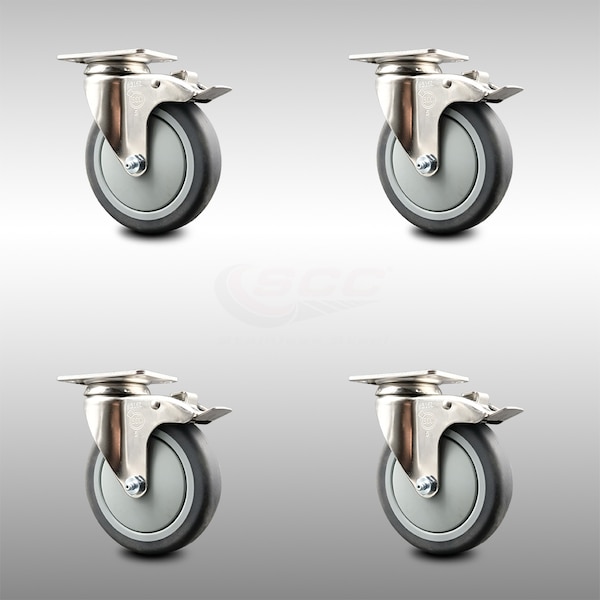 5 Inch 316SS Thermoplastic Rubber Swivel Top Plate Caster Set Total Lock Brake